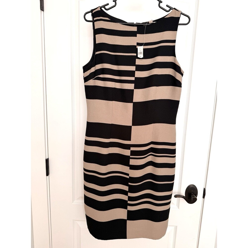 Banana Republic Black Tan Geometric Stripe Sheath Dress Sz 10 Sleeveless Lined